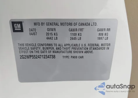 2007 Pontiac Grand Prix z USA, uszkodzony, nr VIN 2G2WP552471234738